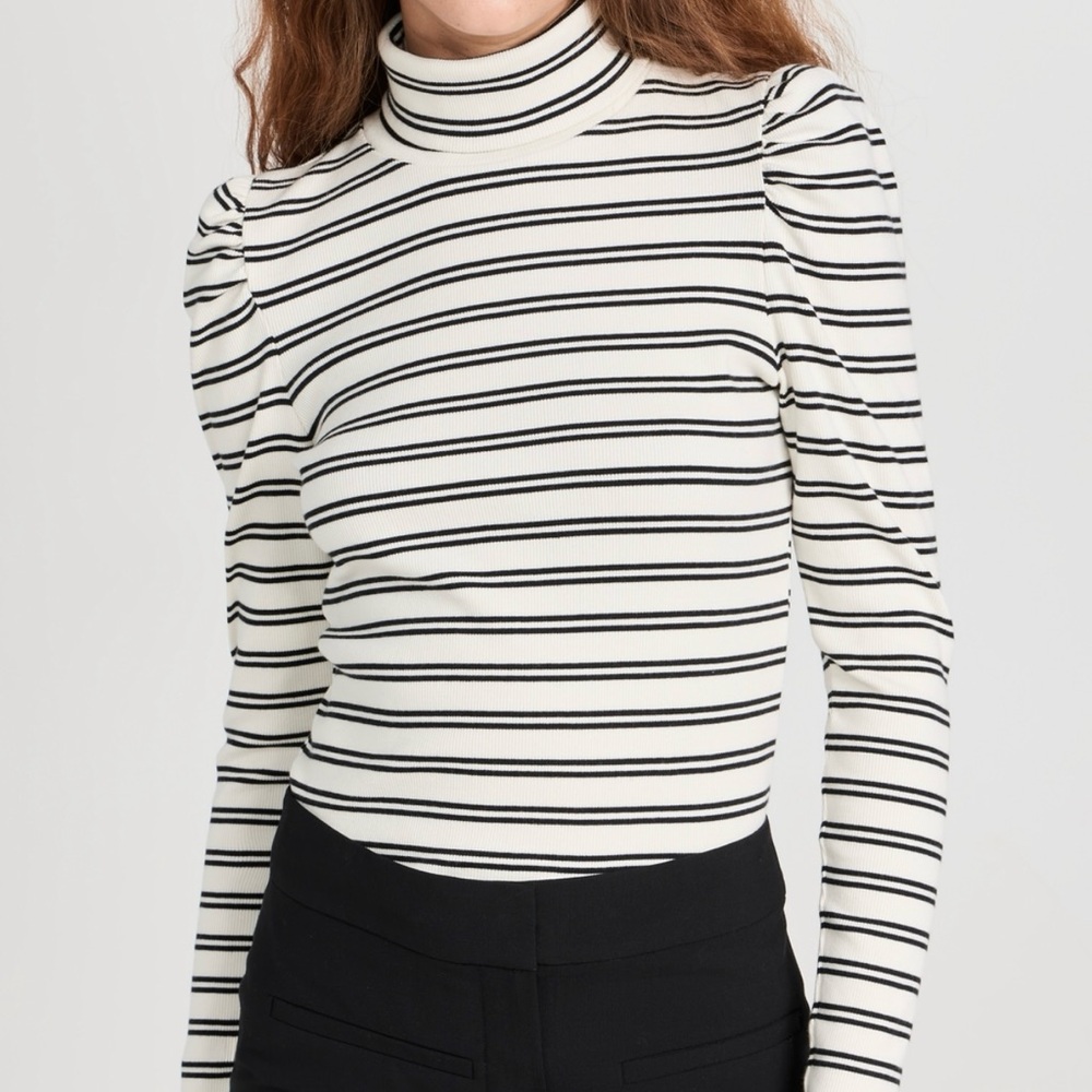 Veronica Beard Black and White Striped Turtleneck Top